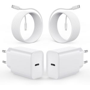 TRAHOO-Lot de 2 chargeurs USB C Rapides 20 W + c&acirc;ble Type C vers Lightning de 2 m, Prise USB c Adaptateur compatibles avec iPhone 16/15/14/13/12 Pro Max Mini, Samsung Galaxy S23/S22 et AirPods Pro - Neuf