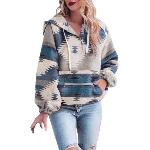 Femmes Chandail &Agrave; Capuchon Col En V Tendance &Agrave; Manches Longues &Agrave; Capuche Confortable Vintage Style Ethnique Veste &Agrave; Capuche Femmes Pull Automne Hiver Chandail Bleu Taille S - Neuf