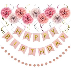 D&eacute;corations D'anniversaire, D&eacute;corations Tricolores De Joyeux Anniversaire Pour Les Femmes, Banni&egrave;res De Joyeux Anniversaire, Tourbillons Suspendus, Guirlande En Papier Et Fleurs Pour Enfants Dini - Neuf