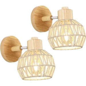 Subzonal-2 Pack Applique Murale Int&eacute;rieure Bois, E27 Vintage Lampe Murale En Rotin, Cage Luminaire Interieur Pour Salon Chambre Couloir Restaurant - Neuf