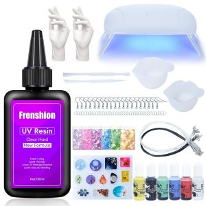 Lampe Uv + 100g Upgrade R&eacute;sine Uv Dure Transparente Et Inodore + Pigments Color&eacute;s + Paillettes + Outils + Gants R&eacute;sine Uv Fabrication De Bijoux Kit De D&eacute;marrage - Neuf