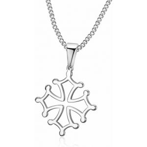 Trahoo-- Pendentif Croix D'occitanie Languedoc Occitane Toulouse Femme Enfant Argenté Acier 316l Chaîne - Neuf
