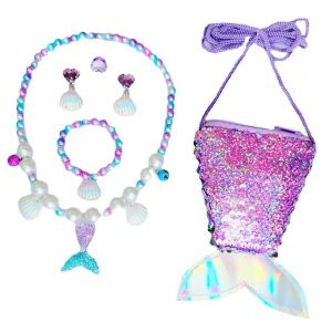 5 Pi&egrave;ces Bijoux De Sir&egrave;ne Pour Filles - Sac, Collier, Bague, Bracelet, 2 Paires D'oreilles Et Pince &Agrave; Cheveux, 18,8 X 17,2 X 3,6 Cm (0,12 Kg), Id&eacute;al Pour F&ecirc;tes Et D&eacute;guisements, 3-8 Ans - Neuf