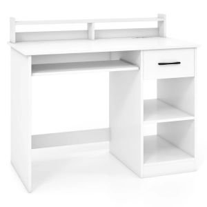 Bureau d'ordinateur compact 105 x 55 x 89 cm avec tiroir et 2 &eacute;tag&egrave;res style moderne pratique en panneaux de particules blanc Helloshop26 20_0014876 - Neuf