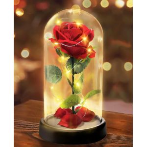 Rose Eternelle sous Cloche, Noel Cadeau pour Femmesu20131 Rose de Soie Rouge, Rose D&ocirc;me en Verre Fleur Artificielle avec LED Lumi&egrave;res pour la F&ecirc;te des M&egrave;res, Cadeau pour Elle,Petite Amie,Femme,Maman - Neuf