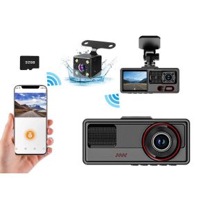 Cam&eacute;ra embarqu&eacute;e 3 canaux (avant, arri&egrave;re et int&eacute;rieur) avec carte m&eacute;moire 32 Go et Wi-Fi, incluant cam&eacute;ra de recul et accessoires. - Neuf