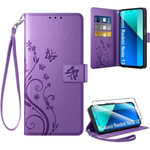 Sjzg-Coque Pour Xiaomi Redmi Note 13 4g + 1 Verre Tremp&eacute;, Retro Design Housse Premium En Cuir Pu Pochette De Portefeuille Pour Porte Cartes Fonction Stand Flip Etui Pour Redmi Note 13, Violet - Neuf