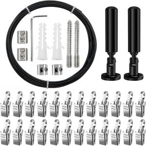 5m Tringle À Rideaux Kit,Avec 24 Pièces Acier Inoxydable An Crochets,Câble En Acier Pour Rideau,Pour Accrocher Photos,Images,Notes,Rideau,Décoration Murale D'art De Pépinière (Noir) - Neuf