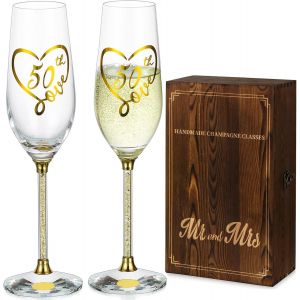 Mevronisshop-50 Mariage Anniversaire Cadeau: Lot De 2 Doré Champagne Flute Coffret Bois Verre Cadeaux Pour Couple Père Et Femme - Neuf