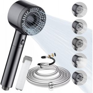 KAL-Pommeau De Douche, Pommeau Douche Haute Pression Avec Tuyau 2M, 5 Modes Réglables Douchette Douche Salle De Bain, Anti Calcaire Pomme Douche Economie D'Eau Avec Filtre & Bouton Pause, Gris - Neuf