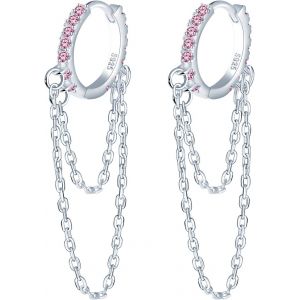 Kal-Petites Boucles D'oreilles Créoles Avec Chaine Argent 925 Boucles D'oreilles Femme Créoles Zircone Cubique Longues Boucles D'oreilles Pendantes - Neuf