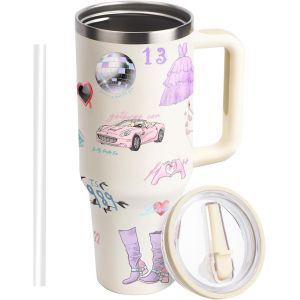 Gobelet Isotherme Avec Paille De 40 Oz,Thermos En Acier Inoxydable Avec Poign&eacute;e Et Motif Mignon,Gobelet &Agrave; Caf&eacute; Pour Adolescents Et Fans - Neuf