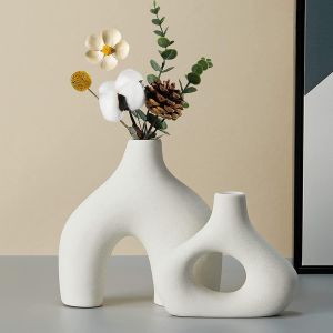 Lot de 2 vases en céramique Blanche pour décoration de Style Minimaliste bohémien Moderne - Vases à Fleurs Parfaits pour Le Salon, Le Mariage, Le Bureau et la Chambre à Coucher - Neuf