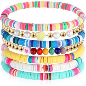7 Piece Bead Bracelets Set For Women Stretchy Colorful Beads Bracelets Bohemian Stackable Clay Beautiful Summer Beach Jewelry For Women Girls, Polymer - Neuf