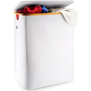 100L Panier a Linge avec Couvercle et Cadre Bambou Robuste - Paniere a Linge Sale Esth&eacute;tique avec Poign&eacute;es Lat&eacute;rales et Tissu Respirant - Panier &agrave; Linge Sac Amovible, Bleu - Neuf