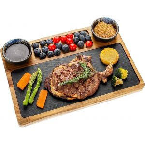 Checarzhn--No1-Plateau En Ardo Pour Steak, Vaisselle De Barbecue, Plateau En Ardo , Plateau De Service En Bois D'acacia Avec 2 Bols À Sauce Et Compartiments, Assiette À Steak, Assiette À Apéritif - Neuf