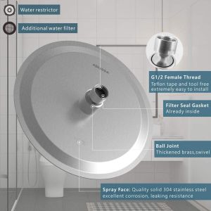 TZF-Pommeau de douche à haute pression en acier inoxydable 304 de 15.2 cm, tête de douche à effet pluie, angle de pulvérisation pivotant, installation facile, nickel brossé - Neuf