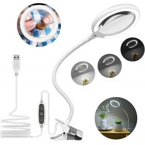 JEXNOVASHOP-Lampe loupe 3X avec Pince USB, Lampe loupe &agrave; Pince &agrave; lumi&egrave;re du Jour avec 6 r&eacute;glages d'&eacute;clairage r&eacute;glables, loupe avec lumi&egrave;re LED pour Lire Les travaux manuels, Les Loisirs de Couture - Neuf