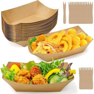 MEVRONISSHOP-50 Pi&egrave;ces Barquettes en Carton Kraft avec 50 Fourchette Plateaux Alimentaires Jetables en Carton Kraft Barquette Frite Bols &agrave; Frites en Cartons Bateaux de Service &agrave; Emporter pour Salade - Neuf