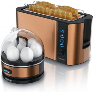 Set Ensembles Grille-Pain Frukost Et Cu Ur À Oeufs Sevencook Inox Cuivre Grille-Pain 4 Tranches Écran Led 6 Degrés De Brunis Support Vienno Rie Cu Ur À Oeufs 1-7 Oeufs Verre Doseur - Neuf