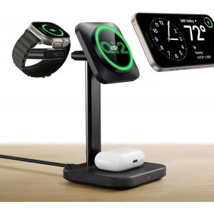 KALANKA-Qi2 Station de Charge sans Fil 3 en 1, [Certifi&eacute;] Chargeur Apple Watch et Support de Chargeur Qi2 15 W MagSafe pour iPhone, pour Plusieurs Appareils, iPhone 16/15/14/13, Montre et AirPods 4, - Neuf