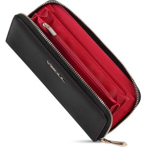 Portefeuille Long &Agrave; Fermeture Eclair En Cuir V&eacute;ritable Pour Hommes Avec Blocage Rfid,Porte-Feuille Pour Ch&eacute;quier De Grande Capacit&eacute; Avec 8 Emplacements Pour Cartes Noir+Rouge - Neuf