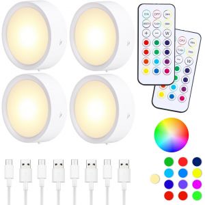Spot Led Rechargeable Usb 4 Pcs, Veilleuse Cuisine Sans Fil Escalier Placard Couleur Lampe,13 Couleurs Dimmable, Avec T&eacute;l&eacute;commandes, Magn&eacute;tique, Minuterie (Avec Autocollant En M&eacute;tal) - Neuf