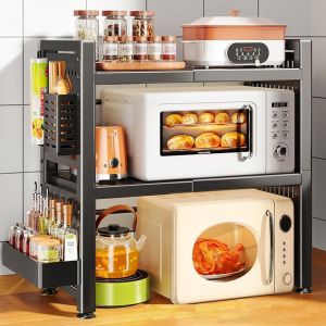 Chenquansarl-3 Niveaux Support De Four À Micro, Support Four Micro Onde Extensible, Mini Support De Four Avec 6 Crochets, Organisateur Rangement Cuisine, Pour Tablettes De Comptoi 40,5-64cm - Neuf
