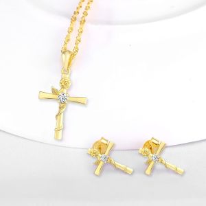 Collier Boucles D'oreilles Femme, Ensembles De Bijoux En Argent 925, Pendentif Et Clou D'oreille Croix, Collier Boucle D'oreille Fleur De Rose Enlacée Avec La Croix, Zircon Incrusté, Or - Neuf