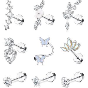9 Pcs 16g Oreille Piercing Pour Femme Acier Chirurgical Boucles D'oreilles Piercing Tragus Conque Cartilage Piercing Papillon Serpent Fleur Oreille Piercing Helix Tragus Piercing Bijoux - Neuf