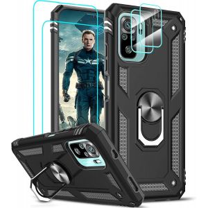 Eryi-Coque Pour Xiaomi Redmi Note 10 4g/ Redmi Note 10s Avec 2 Verre Trempé Et 2 Protection Camera, Anneau Support Militaire Anti-Chute Bumper Antichoc Rigide Armure Housse Etui Noir - Neuf