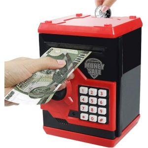 Tirelire cochon (noir/rouge) pour enfants avec code de mot de passe électronique Mini distributeur automatique d'argent pour papier et pièces pour garçons et filles - Neuf