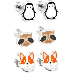 Kal-Lot De 3 Paires De Boucles D'oreilles &Agrave; Tige En Forme D'animal De 20 G Pour Femmes Et Filles | Bijoux Corgi Pingouin Raton Laveur | Acier Chirurgical Hypoallerg&eacute;nique &Agrave; Vis Plates Pour Cartilage - Neuf