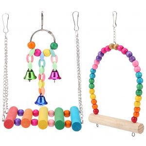 Hjlian Lot De 3 Balancoires A Macher En Bois Pour Perroquet Et Oiseau, Jouet Suspendu Avec Cloche, Support Pour Animal De Compagnie, Couleur Aleatoire - Neuf