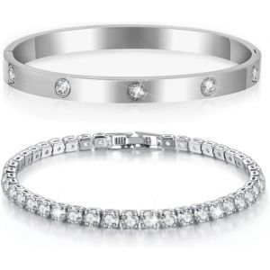 Kalsw-Tennis Femme Zirconia : 2pcs Bracelet Pour Femme 6mm Largeur 17cm Bracelets Bijoux Cadeau Argent Pour Maman Amie Fille Bracelet Pour Femmes 6mm Large Bracelet Tennis Pour Maman Amie Fille - Neuf