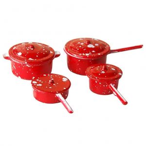 Batterie de cuisine miniature pour maisons de poup&eacute;es &iquest; Casseroles et po&ecirc;les en m&eacute;tal rouge &iquest; Accessoires pour jeux de r&ocirc;le pour enfants - Neuf