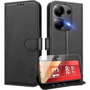 Kal-Coque Pour Xiaomi Redmi Note 13 Pro 4g (Pas Pour 5g) Coque Etui Portefeuille Cuir Avec Verre Tremp&eacute; Protection &Eacute;cran Porte Carte Rabat Clapet Pochette Flip Case &Eacute;tui Cover Housse Etui,Noir - Neuf