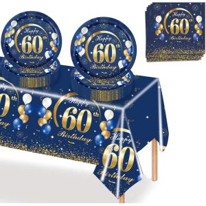 Kalanka-37 Pièces Anniversaire Vaisselle Lot,Bleu Or Anniversaire 60 Fête Vaisselle,Kit Vaisselles Comprendre Papier Assiette Serviette Nappe,Decoration Anniversaire 60 Ans Pour 16 Invités - Neuf