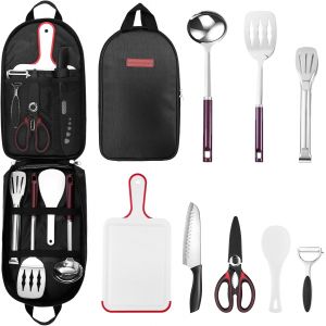 Jgd-Set De Ustensiles Cuisine Camping 8 En 1, Avec Pince Spatule Planche &Agrave; D&eacute;couper Louche Pots &Agrave; &Eacute;pices Couteau &Agrave; &Eacute;plucher Torchon Sac Portable, Pour Randonn&eacute;e Voyage Pique-Nique Camping Festival - Neuf