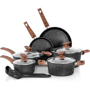 Subzonal-Set Poele Et Casserole Induction Antiadh&eacute;sif Batterie De Cuisine 12pcs Aluminium Poele A Crepe Pancakes Sans Pfas Sans Pfoa Couvercles Verre - Neuf