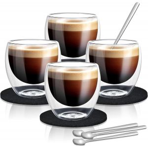 Kalanka-Lot De 4 Tasse Expresso De 80ml Tasse &Agrave; Caf&eacute; Double Paroi Souffl&eacute; &Agrave; La Main Avec Cuill&egrave;res Et Dessous De Verre En Feutre - Lave Vaisselle - Neuf