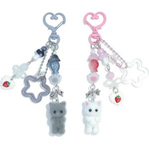 Kal-2 Pi&egrave;ces Porte-Cl&eacute;s Rose Mignon, Porte-Cl&eacute;s Chat Duveteux, Porte-Cl&eacute;s Esth&eacute;tique Y2k, Accessoires De Porte-Cl&eacute;s Chics. - Neuf