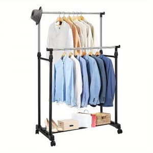 Porte-v&ecirc;tements sur roulettes &agrave; double barre, cintre &agrave; manteaux, chariot &agrave; v&ecirc;tements, rail r&eacute;glable en hauteur 95-160 cm, armoire roulante avec &eacute;tag&egrave;re &agrave; chaussures, noir - Neuf