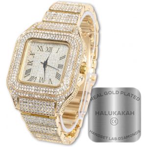 Eryi-Diamants Montre En Or,Homme Plaqué Or 18k/Or Rose/Rhodium Noir/Plaqué Platine Or Blanc 40mm Largeur Cadran Carré Quartz Avec Chaîne Cubains Bracelet Collier,Avec Boîte Cadeau - Neuf