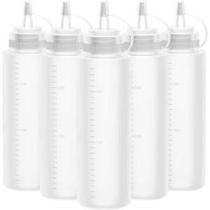 Récipient À Sauce 19x6cm Avec Échelle, 5 Bouteilles À Condiments De 360ml, Bouteille À Presser En Plastique Transparent Pour La Peinture Et La Cuisine - Neuf