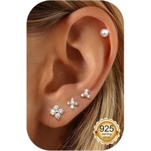Tianyi-4 Paires Boucles D'oreilles Argent 925 Pour Femme Plaquée Or 14 Carats Creoles Femme Piercings Oreille Cartilage Tragus Helix Or/Argent Dangle Chaîne Boucles D'oreilles - Neuf