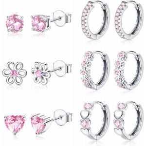 Kalanka-6paires Petites Boucles D'oreilles Enfant Fille Femmes En Argent Sterling 925 Poteau Hypoallerg&eacute;niques Boucles D'oreilles Cr&eacute;oles Multicolore Fleur Coeur Cartilage Clous D'oreilles Ensemble - Neuf
