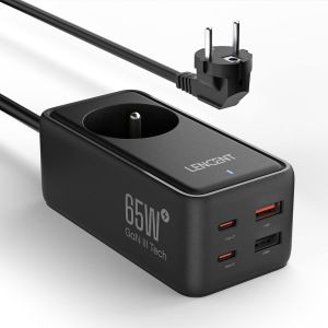 JGD-Chargeur Rapide USB C et 65W, GAN III Tech avec 1 Prise Secteur + 4 Ports USB, Type C avec c&acirc;ble Convient pour T&eacute;l&eacute;phones Portables Tablettes PC, Noir - Neuf