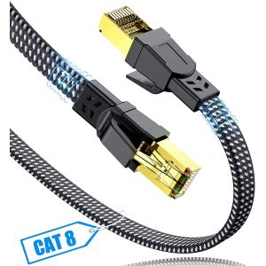 Ethernet Cable 1M Cat 8 RJ45 Double Shielded 40Gbps 2000MHz Nylon Braided LAN Patch Cord High Speed Braided Compatible with PC PS5 PS4 Xbox Router Modem Switch Decoder TV Box - Neuf