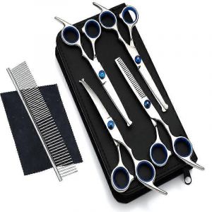 Kit De Ciseaux De Toilettage Pour Chiens, Ciseaux &Agrave; Effiler Professionnels Avec Peigne, Ensemble De 7 Pi&egrave;ces, Bleu - Neuf